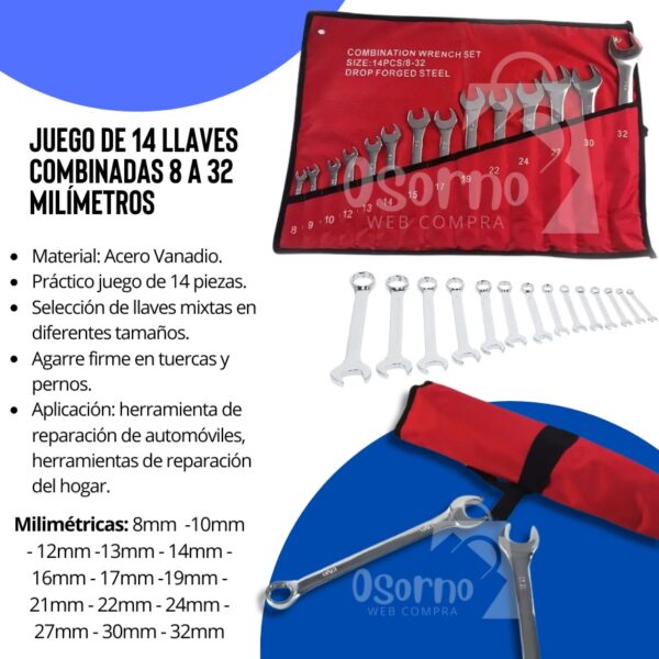 JUEGO DE 14 LLAVES COMBINADAS 8 A 32 MILIMETROS - Imagen 3