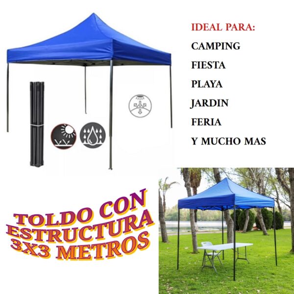 TOLDO PLEGABLE 3X3 CON ESTRUCTURA LONA AZUL