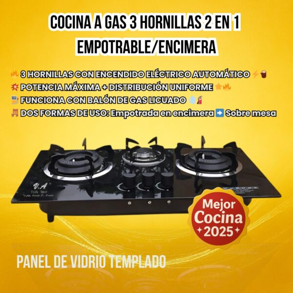 COCINA DE EMPOTRAR DE VIDRIO TEMPLADO 3 HORNILLAS - Imagen 2