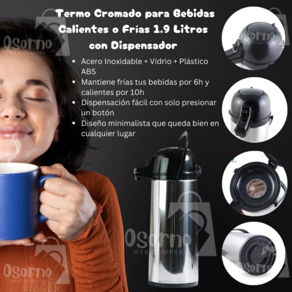 TERMO CROMADO PARA BEBIDAS CALIENTES O FRIAS 1.9L