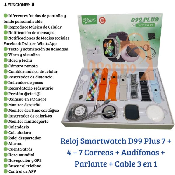 RELOJ SMART WATCH D99 PLUS 7+4 - 7 CORREAS+AUDIFONOS+PARLANTE+CABLE 3 EN 1
