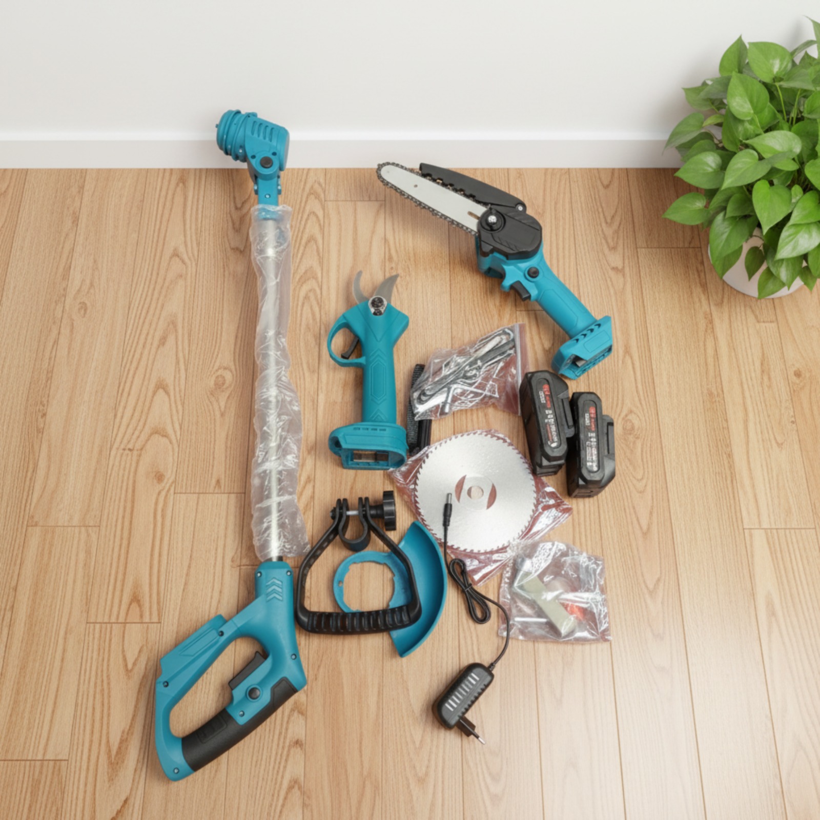 KIT INALAMBRICO DE SIERRA TIJERA Y CORTADORA DE CESPED